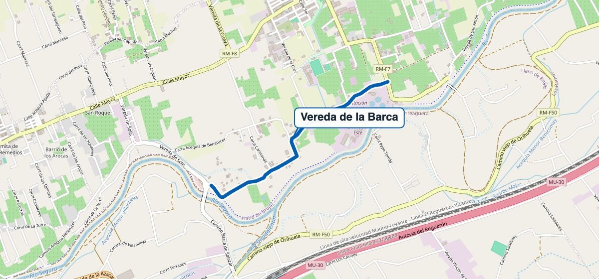 Mapa de Llano de Brujas (Murcia) con la Vereda de la Barca resaltada, calle en la que se encuentra Servicios Lucy